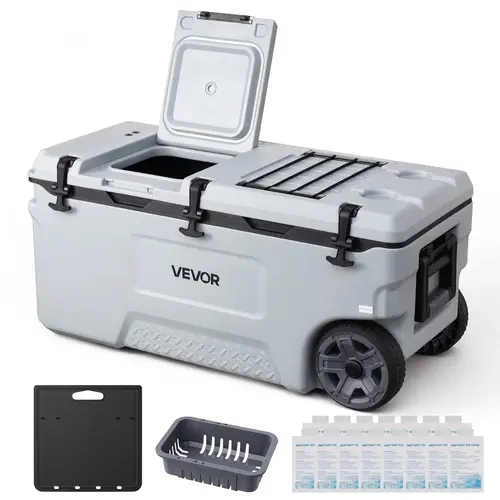 VEVOR 106QT Insulated Portable Travel Cooler - Tough PE Shell, Lightweight Rolling Coolbox with Wheels, Carry Handle, Adjustable Strap, Leak-Proof Travel Insulated Pack, 48-Hour Cooling, Top Hatch Access, Camping Equipment for Campfire, Car Camping Gear