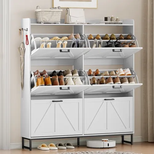 MDF+P2 Wood Slim Vertical Shoe Storage Cabinet - Single Unit Hanging Rack with 6 Flip 2-Layer per Drawer Drawers, Open Shelves, Metal Hooks, Rubber, Anti-Tip Safety, Top for Plants/Keys, for Mudroom,Foyer