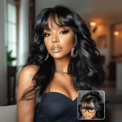 UNice Women's Fluffy Effortless Wavy Human Hair Wig, 200% Density 7x5/13x4 HD Lace Glueless Pre-Cut 18-24in Natural Loose Wave Front Wig with Curtain Bangs, Adjustable Strap, Brown, Beginner-Friendly, Heat Resistant