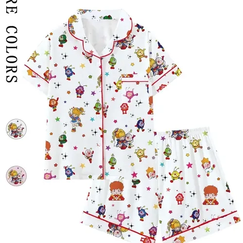 【Black Friday】Rainbow Girl Cartoon Retro Cute Collared Short-Sleeve Pajama Set, Comfortable Sleepwear for Home & Outdoors, Summer Pajama Outfit, Perfect Gift