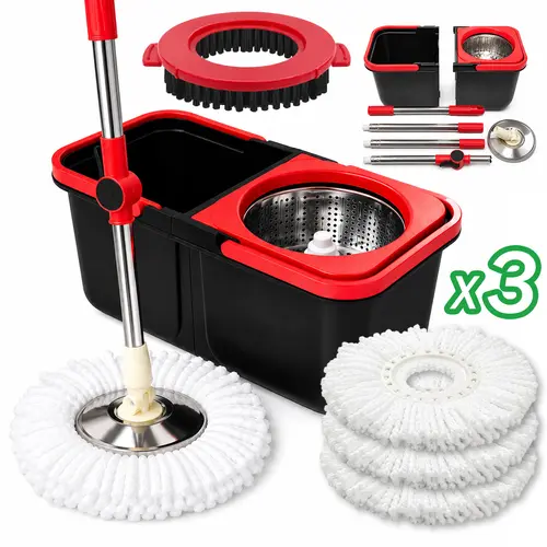 61‘ detachable design, Spin mop bucket set  360° Rotatable & Adjustable.detachable design, stainless steel telescopic rod, double-basin mop bucket with built-in drain hole for easy home storage, Includes 1 brush 3 reusable microfiber mop heads cleaning