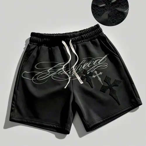 Godspeed Cursive Script Slogan Shorts, Towel Embroidery Cross Shorts, Gothic Style, Casual Summer Shorts, Unisex Loose Fit Baggy Oversize, Casual Black Shorts, Party Nightclub, 2026 New Streetwear, Y2K Trendy Brand Cross Classic Shorts