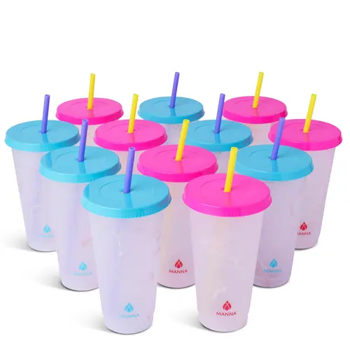 24-Piece Marble Color-Changing 24oz Plastic Tumbler Set with Lid - Unisex Adults' Reusable Cold Drinkware, Portable Washable Colorful Cups Water Bottles for Kitchen Daily Use