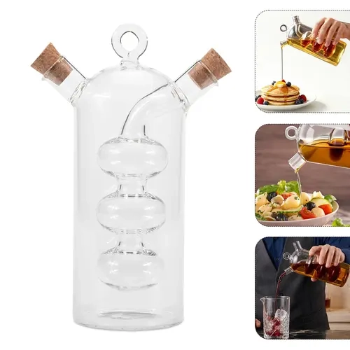 2-In-1 Clear Glass Oil Vinegar Bottle, Creative Borosilicate Glass Spice Jar with Cork Stopper, Kitchen Sealed Fine Mouth Oil Flask, Cooking Oil Container, Kitchen Oil Dispenser, Household Oil Storage, Kitchenware