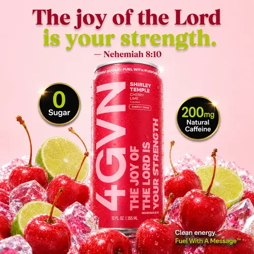 4GVN Christian Caffeinated Energy Beverage - Shirley Temple Cherry Flavor, 200mg Caffeine, Sugar-Free, L-Theanine, Sparkling Natural Liquid with Balanced Energy Support for Believers