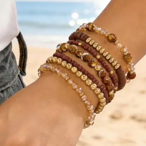 7-Piece Bohemian Earthy Vacation Style Bracelets, Casual Versatile Crystal Polymer Beaded Beautiful Bracelets Set, Perfect for Everyday Wear