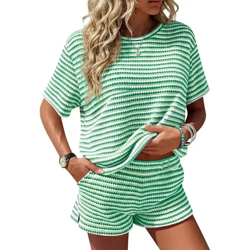 FISOEW Women's 2-Piece Striped Knit Matching Set - Casual Short-Sleeve Shirt, Pocketed Shorts, Soft Fabric for Workout & Lounge, Cute Workout Sets Women, Sets For Women 2 Piece