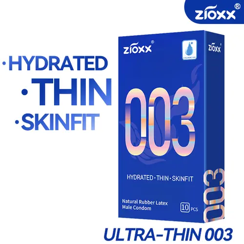 Zioxx 003 Adult Condoms for Men, 0.045mm Bare-Feel Thin, HA Hydrating Lubricated, Low Odor Skinfit Natural Latex Rubber, Smooth, Sensitive Skin Safe-Tested, Easy Water Clean, Secure, 10 Pieces