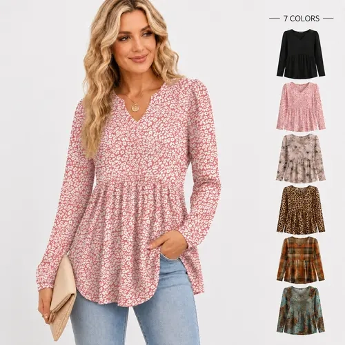 WIHOLL Womens Tops Long Sleeve Fall Shirts Babydoll Peplum Tops for Women V Neck Tunic Dressy Casual Blouses