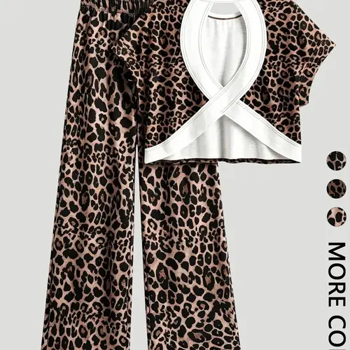 Women's Leopard Print Casual Loungewear Homewear Pajamas Two-Piece Set, Round Neck Short Sleeve Backless Top & Lounge Long Pants, Comfortable Wear, Casual Loungewear Sleepwear