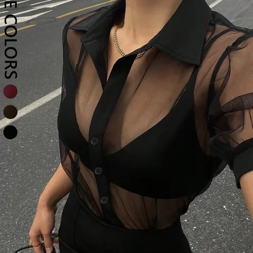 Women's Minimalist Sheer Mesh Chiffon Short Sleeve Shirt, Business Casual Top, Lightweight Breathable Design, Perfect for Daily Wear