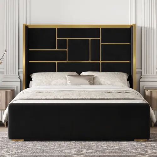 King Size Bed Frame with55.12"Tall Headboard for Bedroom,Modern Luxury Velvet Upholstered PlatformBed with Gold Trim,Wide Wingback Design,Noise-Free, No Box Spring Needed,Queen/King,Best Gift Ideas/Christmas Gifts,[tiktokshopbacktoschool]