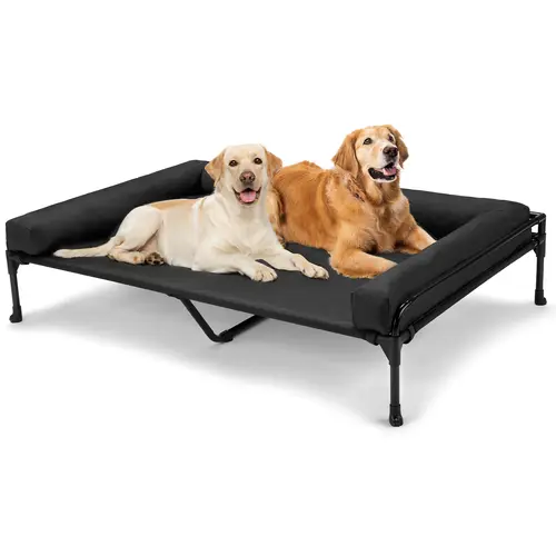 Veehoo Sturdy Durable Oxford Steel-Coated Metal Elevated Dog Bed - Steel/Mesh Cooling Airflow Outdoor Cot for Large Pets with 3-Sided Bolster, Detachable Mesh & Pillow, Washable Easy to Clean Design, No-Slip Feet, Odor Control, Quick Assembly
