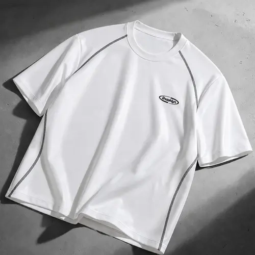 Men’s White Round Neck Athletic T-Shirt - Short Sleeves, Contrasting Lines, Clean Fit, Breathable Fabric, Easy Movement, Breathable Workout Tops, Athleisure T-Shirts, Athletic Apparel, Street-High Street Style, Summer Commuting Wear