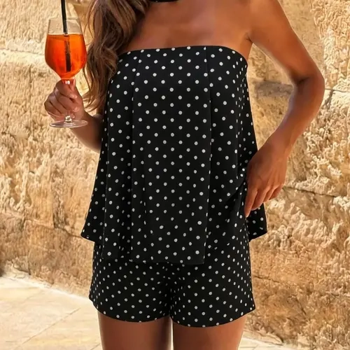 Summer Fashion Polka Dot Pattern Tube Top & Straight-Leg Shorts, Two-Piece Set, Casual Daily Wear, Outfit