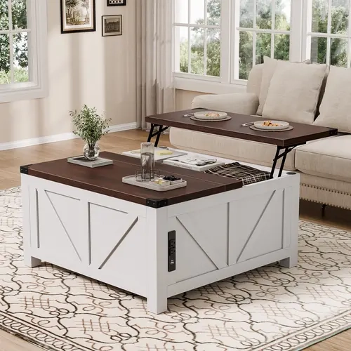 Sweetcrispy Classic Engineered Wood Lift Top Coffee Table Living Room - 35.5in Square Farmhouse Space-Saving Furniture with 2 AC Outlets, USB/Type-C Charging Station, Hidden Storage for Clean Aesthetic Indoor Use