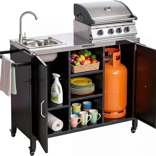 ROVSUN Outdoor Grill Cart with Sink, 304 Stainless Steel Sink with Gas Storage Area, Rolling Kitchen Prep Table with Cabinet, Paper Rack, Rubbish Rack, for Backyard Cooking, Gardens, Patio