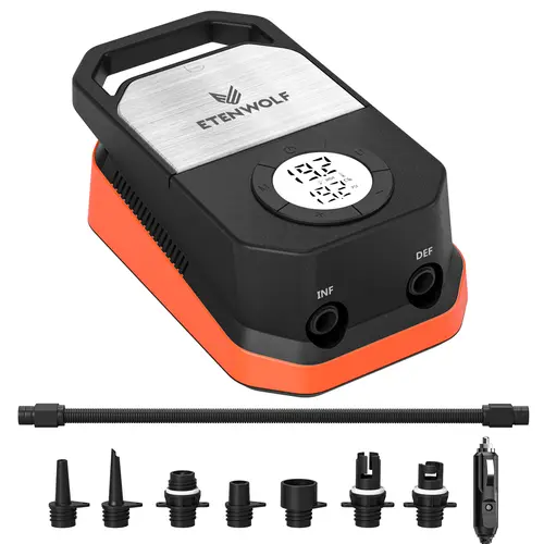 ETENWOLF S4 20 PSI Automatic Electric SUP Pump - 12V Vehicle Powered, 7-Nozzle Set, Quick Inflate, Deflation Mode, Auto-Off Function, Portable Air Inflator for SUP Paddling, Camping Accessories