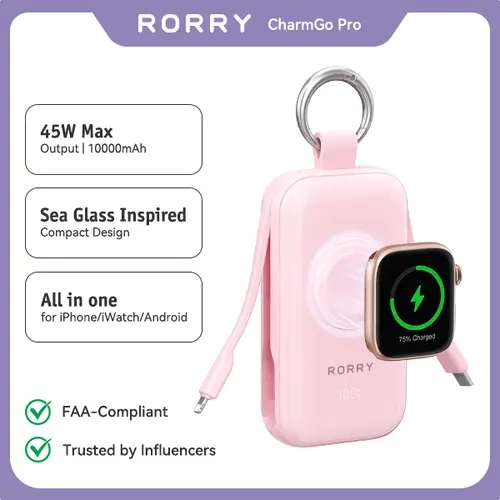 RORRY CharmGo Pro 45W Portable Charger Power Bank - 10000mAh, Built-in 2 Cables, Keychain Design, USB-C Fast Charging for iPhone, Apple Watch, iPad, MacBook - Back to School Haul, On the Road, EDC Everyday Carry Essential techvibes