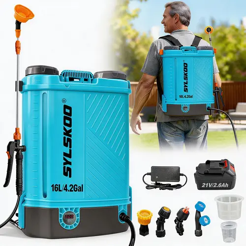12V Cordless 4 Gal Backpack Sprayer with 12V Cordless Power, 2.6Ah Battery, Backpack Carry Outdoor Design, Adjustable 0-100 PSI, 25FT Hose Set, 5 Nozzles for Weed Control, Cleaning