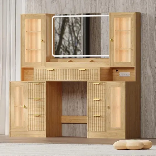 Women's 55" Wide Sturdy Modern Farmhouse Rectangular Makeup Vanity Desk - Engineered Wood Frame, Tempered Glass Top, Mirror, Warm/Cool LED Light, 8 Drawers, 4 RGB Cabinets, Adjustable Shelves, 2 USB Ports - Bedroom Storage