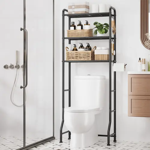 3-Tier Heavy Duty Rectangular Metal Freestanding Over-the-Toilet Storage Organizer - Indoor Bathroom Organizer with 3 Shelves, Toilet Paper Holder, Hooks, Bathroom Organizing Accessories for Maximizing Space, Modern Home Decor