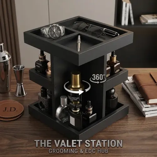 Square 360° Rotating Compartmentalized Organizers - 1-Tier 3-Compartment Matte Glass Cosmetic Organizer Box, 11.8" x 11.8" x 13.5" Bathroom Beauty/Perfume/Jewelry Storage, Minimalist Modern Anniversary Home Gift