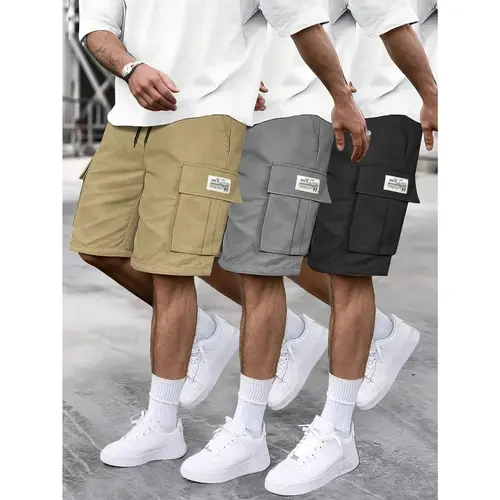 3-piece set of men's multi pocket workwear shorts, fixed color elastic drawstring waist elastic straight tube summer casual crop top shorts with multiple side pockets, practical shorts for daily outdoor use, men's casual breathable shorts, men's shorts,