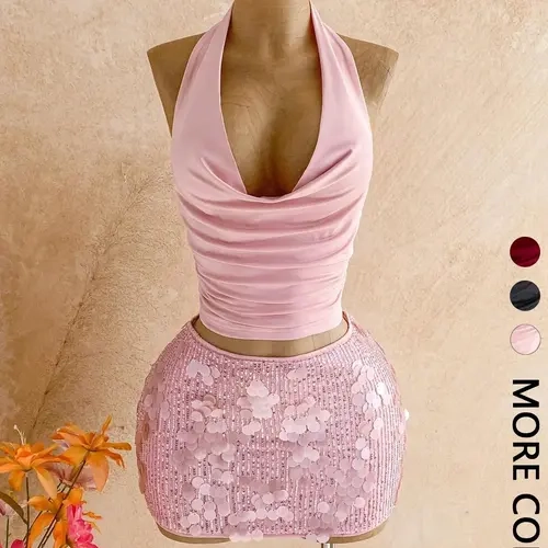 Elegant Party Set Halter Neck Top & Sequin Rhinestone Mini Skirt, 2-Piece Ensemble for Special Occasions