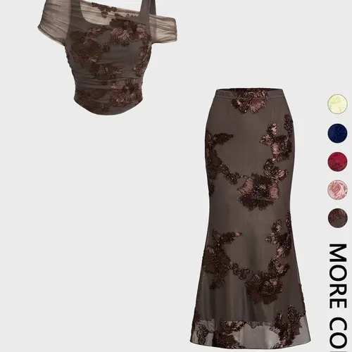Women's Spring Summer Mesh Floral Embroidered Waistcoat + Mermaid Long Dress Set, Elegant Party Gown, Light Mature Style, 2-Piece, Fashionable Formal Clothing