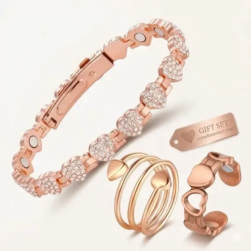Women's 3-Piece Pure Copper Wellness Jewellery Gift Set - 3800 Gauss Magnetic Bracelet, 2 Adjustable Heart Cubic Zirconia Rings, Rose Gold Plated, Lead & Nickel Free, Female Accessories, Mother’s Day Gift