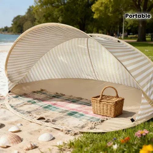 No Assembly Required Instant Pop Up Double Beach Tent 2-Layer Portable Sun Shade Canopy Beige Stripe for Beach Picnic Park Camping Family Leisure All Season
