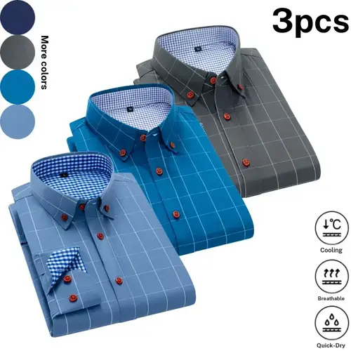 Men's 3-Piece Plaid Color Block Long Sleeve Shirt Set - Office-Ready, Weekend-Ready Business Casual Tops with Buttoned Notched Collar, Red Buttons, Blue & White Plaid Lining, Sharp Appearance, Visual Depth