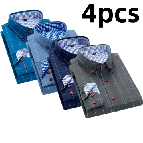 Men's Checked Long-Sleeve Shirt - Business-Casual Stylish Top with 4 Plaid Color-Block Panels, Button-Down Notched Collar, Red Buttons, Blue-White Plaid Interior, for Office & Daily Wear