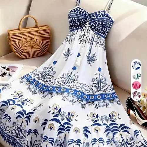 Boho Print Spaghetti Strap Sleeveless Dress, Front Knot Design, Blue Floral, Summer Beach, Casual Elegant Style, Womenswear, Floral Woven Dress