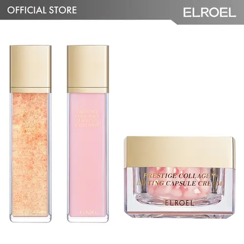 ELROEL Prestige Collagen Lifting Skin Care Set #2 (Toner + Emulsion + Cream) - Official Product Age-defying, Firming and Hydrating Facial Moisturizer with 5 Peptides, Volufiline, Gigawhite & Ectoine - Korean Skin Care for All Skin Types 4.56 fl oz