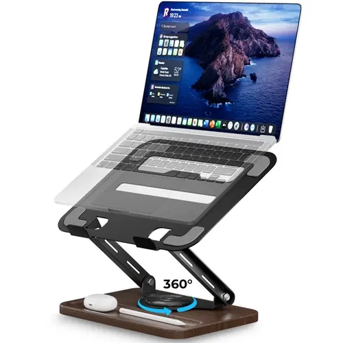 Viozon 360 Rotation Laptop Stand & Tray with Wood Base Storage, 360° Rotating Swivel, Controllable Angle, Ventilated Cooling Vents, Desktop PC Holder for Up to 15.6" Laptops & Notebooks (Desk Accessories)