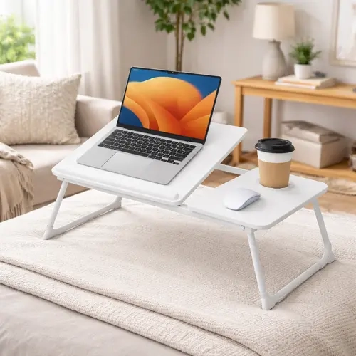 Folding Laptop Table - Compact, Portable Lightweight Slim Foldable Stand with Rectangular Tray, Cup Holder, Adjustable Height, Customizable Tilt, Anti-Slip Feet for Snacks, Reading Books, Tablets on Couch, Remote Work