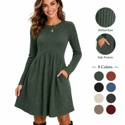 Wiholl Fashion Long Sleeve Dress for Women Crew Neck Empire Waist Tunic Dress with Pockets