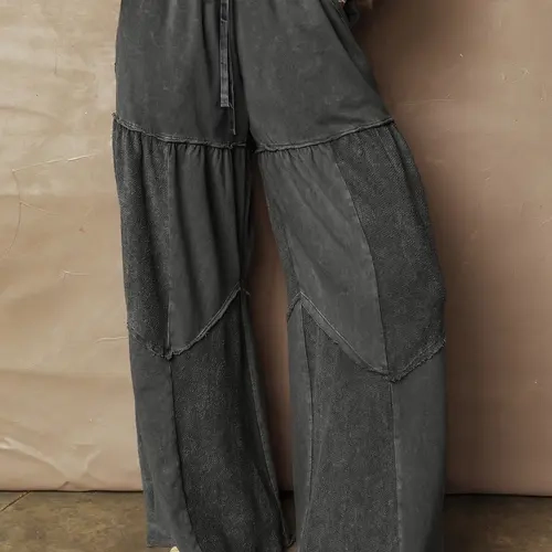 Women's Plus Size High-Waisted Tiered Patchwork Loose Wideleg Pants - Lady's Polyester Clothes with Mineral Faded Wash, Retro Fit, Stylish Design, Plus Size Women's Clothing Staple