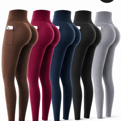 OKP Women's 5-Pack Fitted Solid High-Waist Compression Pocket Activewear Leggings - Gym Running Bottoms, Comfy Breathable Skinny Pants for Yoga, All Seasons