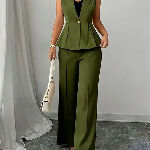 Women's Solid Color Business Style Set Outfit, Elegant Chic Slim Fit Sleeveless Vest + Wide Leg Pants, Casual Two-Piece Summer, All Seasons Wear