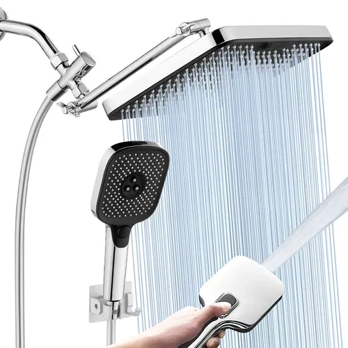 Hibbent Upgraded Chrome Finish Shower Combo with 5-Spray 13" High Pressure Rainfall Head (Rainfall Mode), 10-Mode Adjustable Handheld Showers, CUPC Certified, 12" Extension Arm, 4-Way Diverter, 71" Hose, Easy-Reach Holder