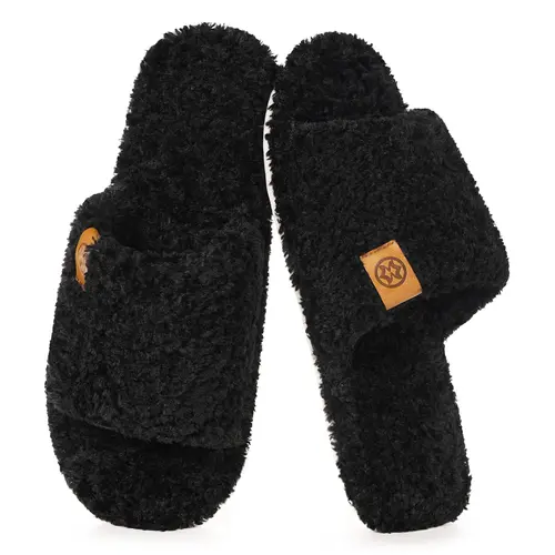 Intini Men's Cozy Fuzzy Fur Slides - Open-Toe Slip-On House Slippers with Soft Memory Foam, Non-Slip TPR Sole, Grip on Tile-Hardwood Floors, Gifts for Him Dad Gifts