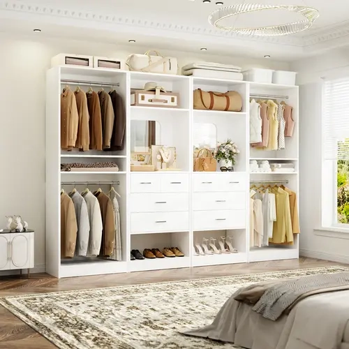 Freestanding Closet System Set with Big Mirror and Drawers, Modular Walk-in Closet Organizer System Wardrobe with Hanging Rods and Adjustable Shelves,dorm essentials,home decor