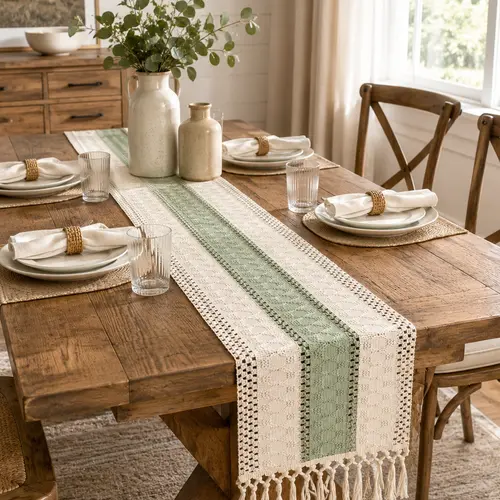 Boho Woven 100% Polyester Table Runner with Tassels, Crochet Lace Design - 2026 Trending Sage Green Farmhouse Rustic Home Accessory for Kitchen, Wedding, Party, Aesthetic Living Room Decor, Dry Clean Only