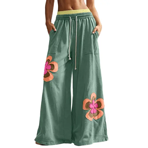 Women's Bohemian Wide Leg Embroidered Patchwork Pants - Cotton Blend, Loose Baggy Fit, Elastic Adjustable Waist, Floral Detail, Pocketed, Plus Size 12-14L Casual Comfy Everyday Womenswear Bottoms