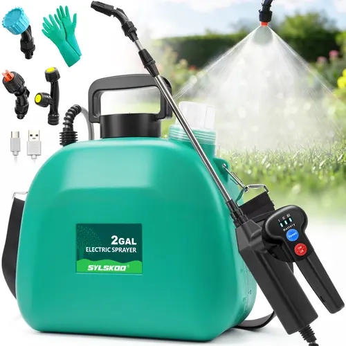 2-Gallon Rechargeable Battery-Powered Garden Sprayer, Electric Power Tool with 3 Speed Control, Battery Level View, 4 Mist Nozzles, Retractable Wand + Strap, Less Refill Trips for Lawn Weed Control
