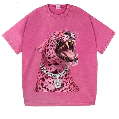 Women's Washed Graphic Tops with Roaring Cheetah Print, Diamond Embellished Short-Sleeve T-Shirt,back to school,back to school shopping, Casual Comfy Tee, Preppy