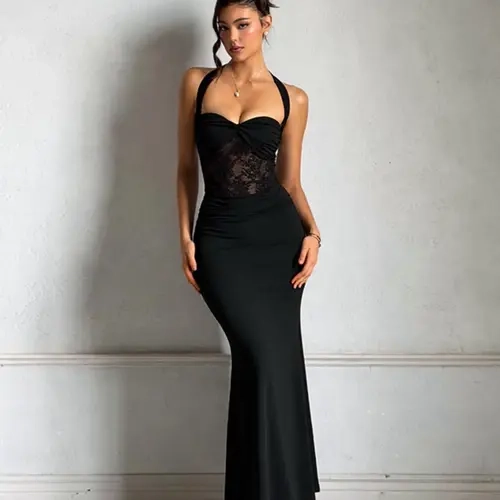Elegant Halter Neck Lace Dress, Women's Feminine Fashionable Formal Wear Evening Party Gown, Perfect for Special Occasions, Chic and Timeless Design